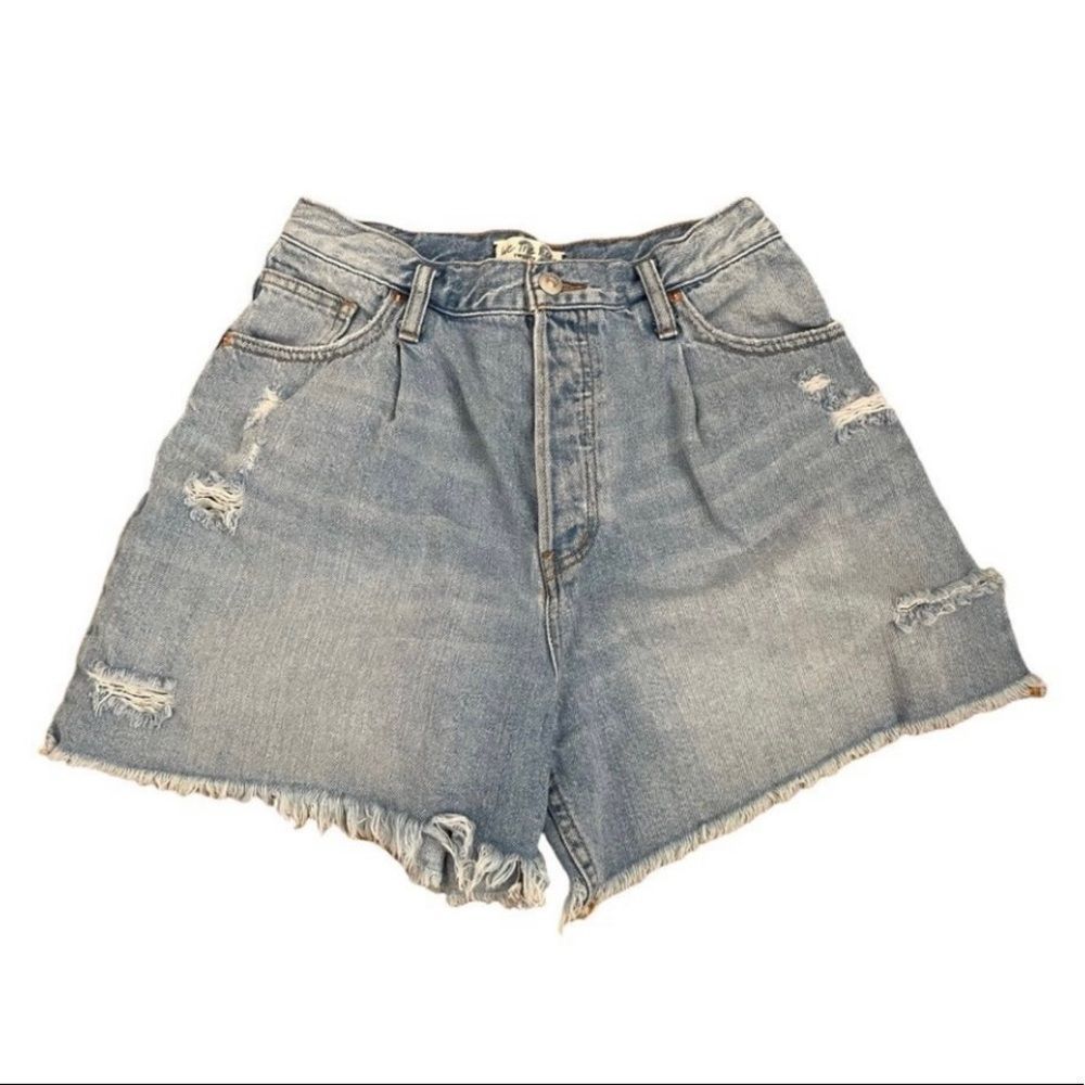 We The Free Blue Distressed High Waist Womens Shorts